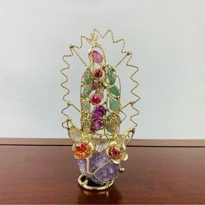 Handcrafted Virgin Mary Tumbaga, Gemstone, & Quartz Statue Artisanal Art Decor
